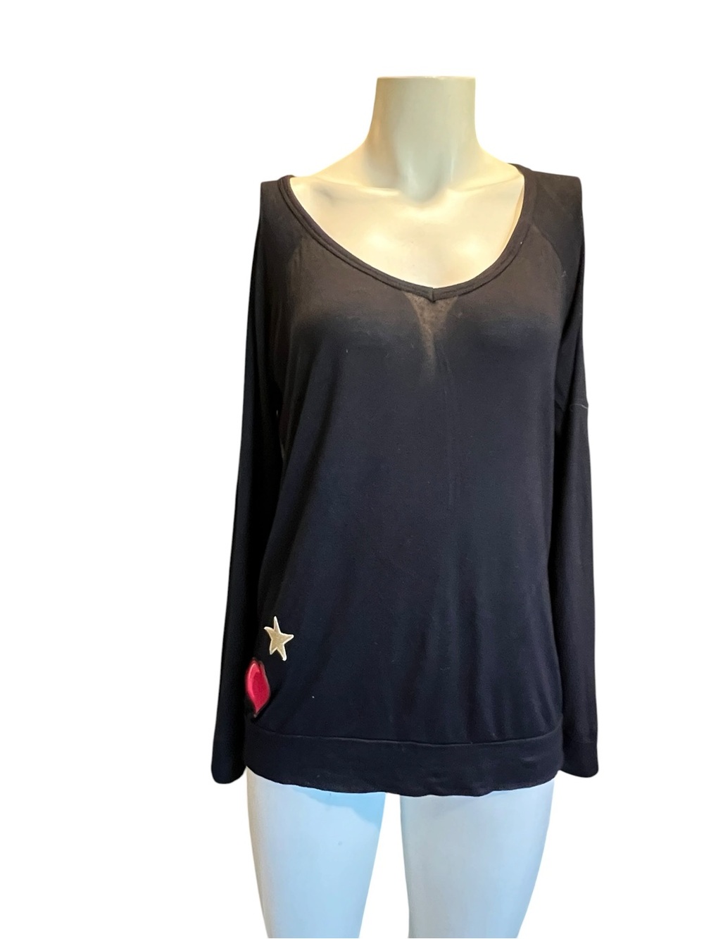 Betsey Johnson Black V-Neck Pullover with Gold Star and Red Heart Patch